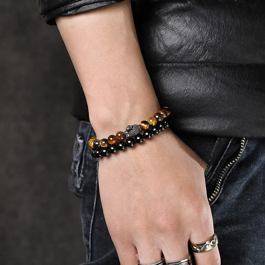 Hip-Hop Retro Round Tiger Eye Titanium Steel Beaded Men'S Bracelets