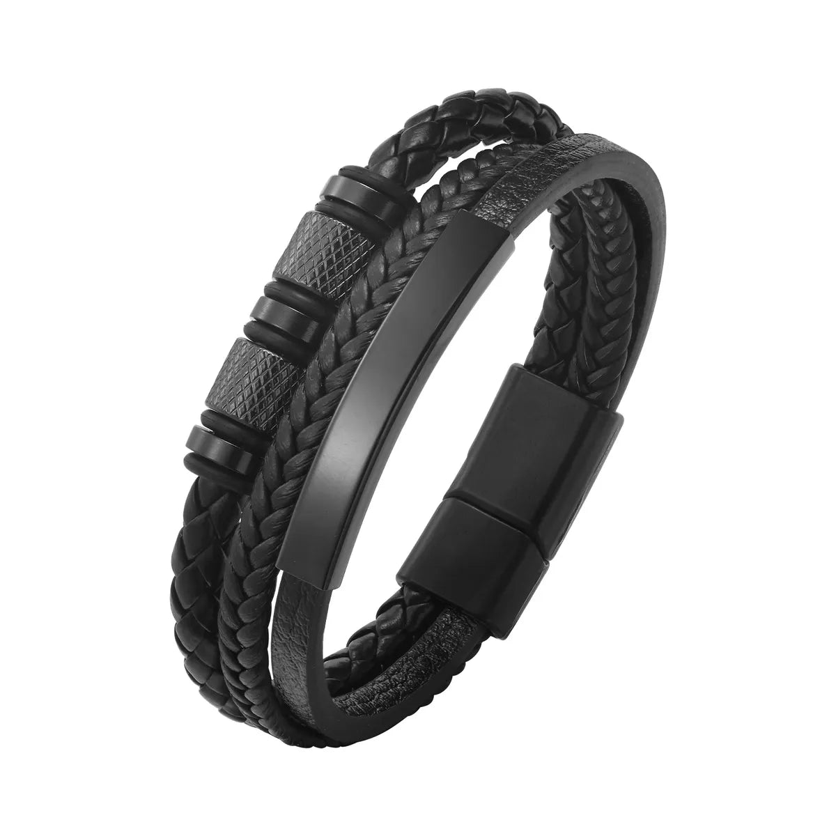 Hip-Hop Retro Solid Color 201 Stainless Steel Pu Leather Layered Men'S ID Bracelet Bracelets