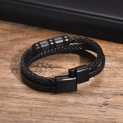 Hip-Hop Retro Solid Color 201 Stainless Steel Pu Leather Layered Men'S ID Bracelet Bracelets