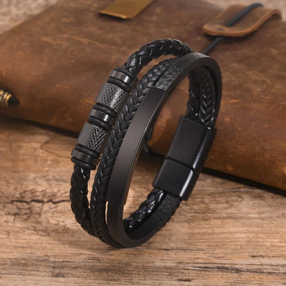 Hip-Hop Retro Solid Color 201 Stainless Steel Pu Leather Layered Men'S ID Bracelet Bracelets