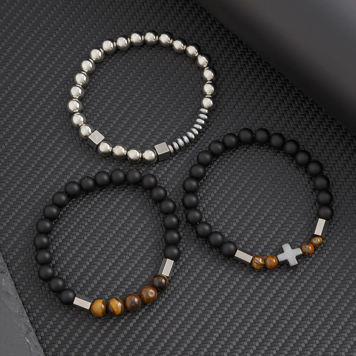 Hip-Hop Retro U Shape Natural Stone Titanium Steel Beaded Men'S Bracelets