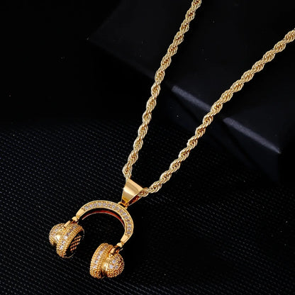 Hip-Hop Rock Earphones 304 Stainless Steel Copper Plating Inlay Rhinestones K Gold Plated Men'S Necklace Pendant