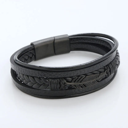 Hip-Hop Rock Leaves Stainless Steel Pu Leather Handmade Men'S Bracelets