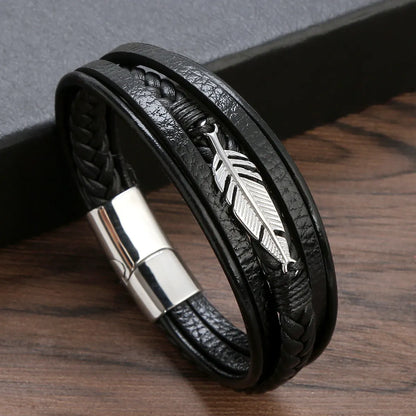 Hip-Hop Rock Leaves Stainless Steel Pu Leather Handmade Men'S Bracelets