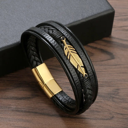 Hip-Hop Rock Leaves Stainless Steel Pu Leather Handmade Men'S Bracelets