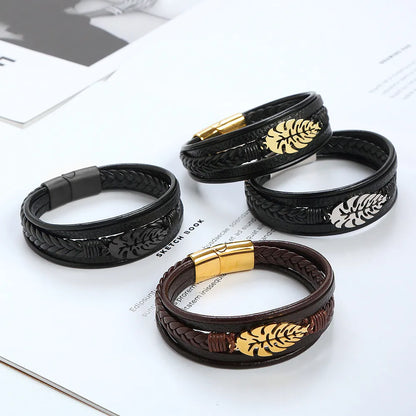 Hip-Hop Rock Leaves Stainless Steel Pu Leather Men'S Bangle