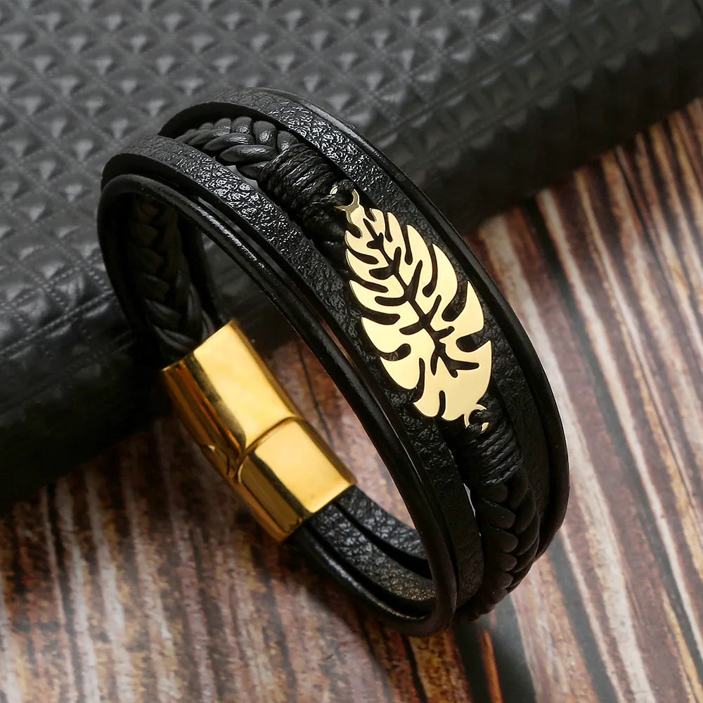 Hip-Hop Rock Leaves Stainless Steel Pu Leather Men'S Bangle