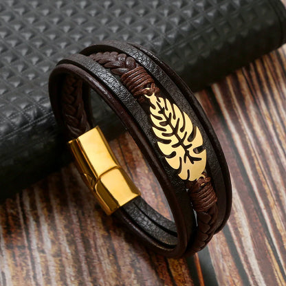 Hip-Hop Rock Leaves Stainless Steel Pu Leather Men'S Bangle