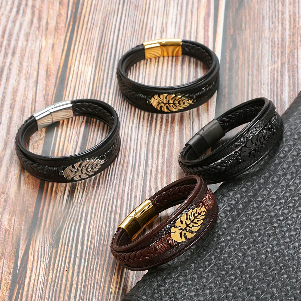 Hip-Hop Rock Leaves Stainless Steel Pu Leather Men'S Bangle