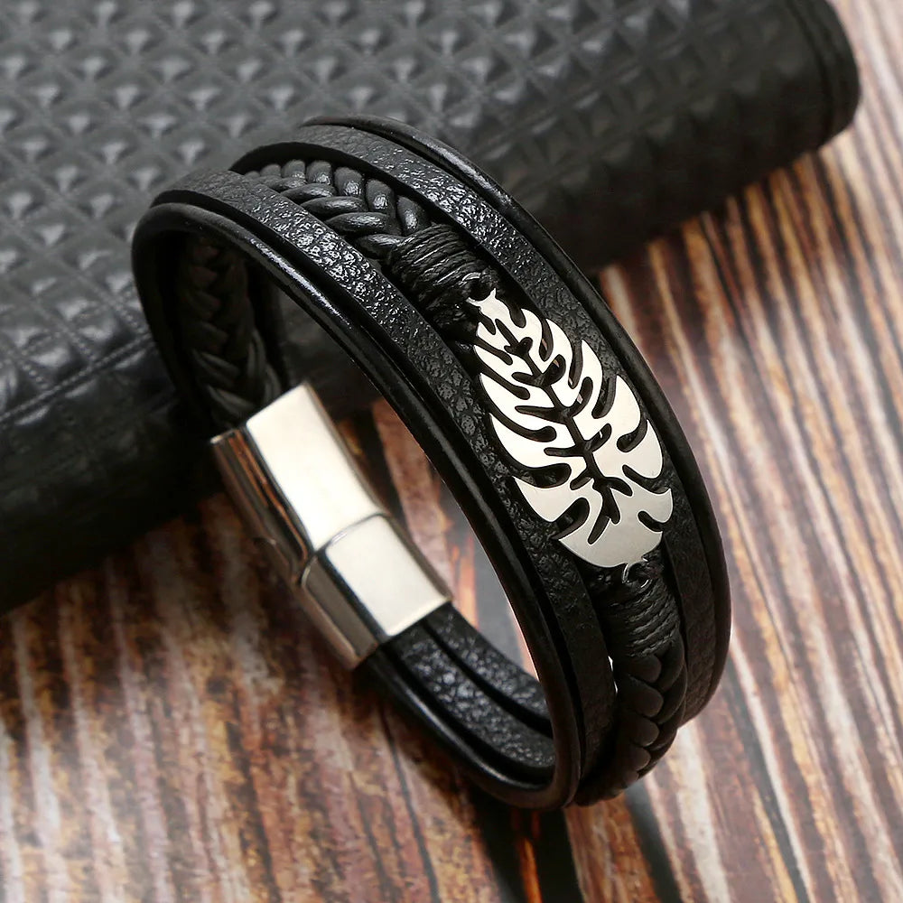 Hip-Hop Rock Leaves Stainless Steel Pu Leather Men'S Bangle