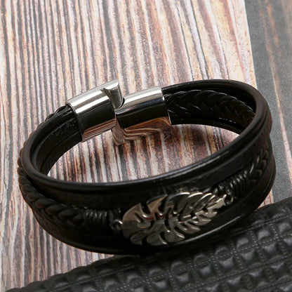 Hip-Hop Rock Leaves Stainless Steel Pu Leather Men'S Bangle