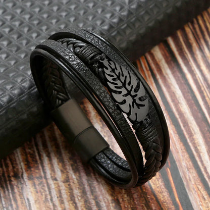 Hip-Hop Rock Leaves Stainless Steel Pu Leather Men'S Bangle