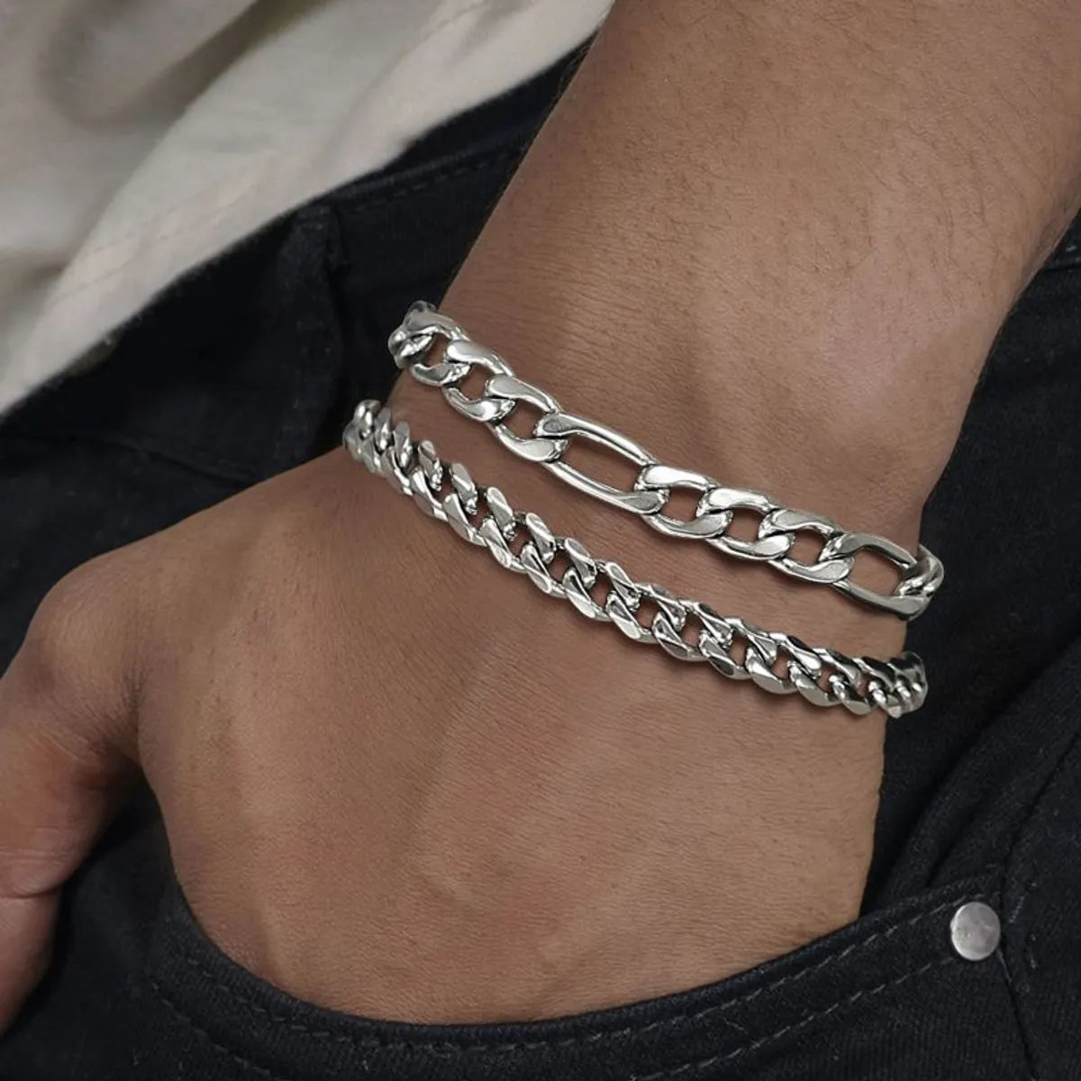 Hip-Hop Rock Simple Style Solid Color Stainless Steel Layered Men'S Bracelets