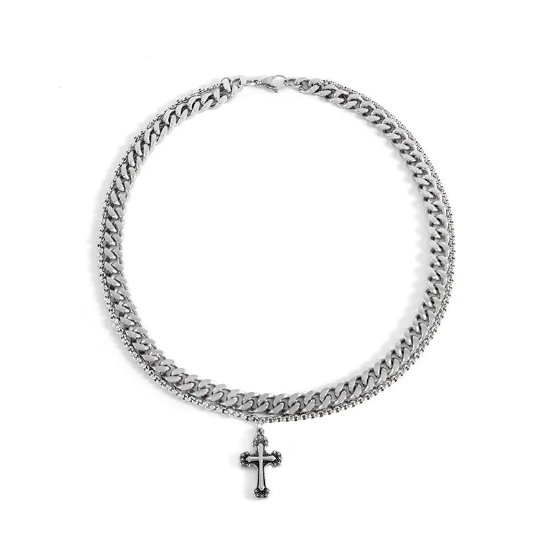 Hip-Hop Rock Streetwear Cross Alloy Titanium Steel Chain Men'S Layered Necklaces Pendant Necklace