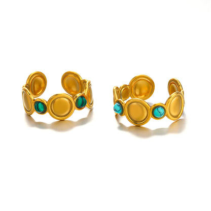 304 Stainless Steel 18K Gold Plated Hip-Hop Plating Inlay Round Natural Stone Turquoise Open Rings