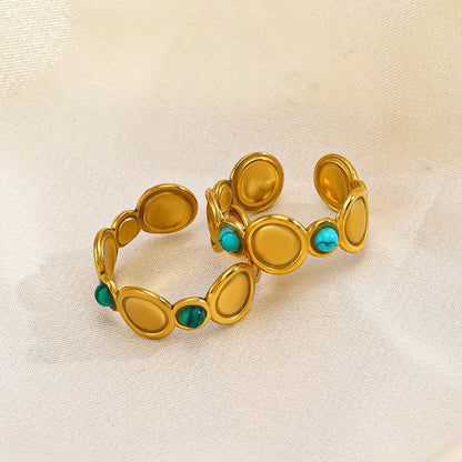 304 Stainless Steel 18K Gold Plated Hip-Hop Plating Inlay Round Natural Stone Turquoise Open Rings