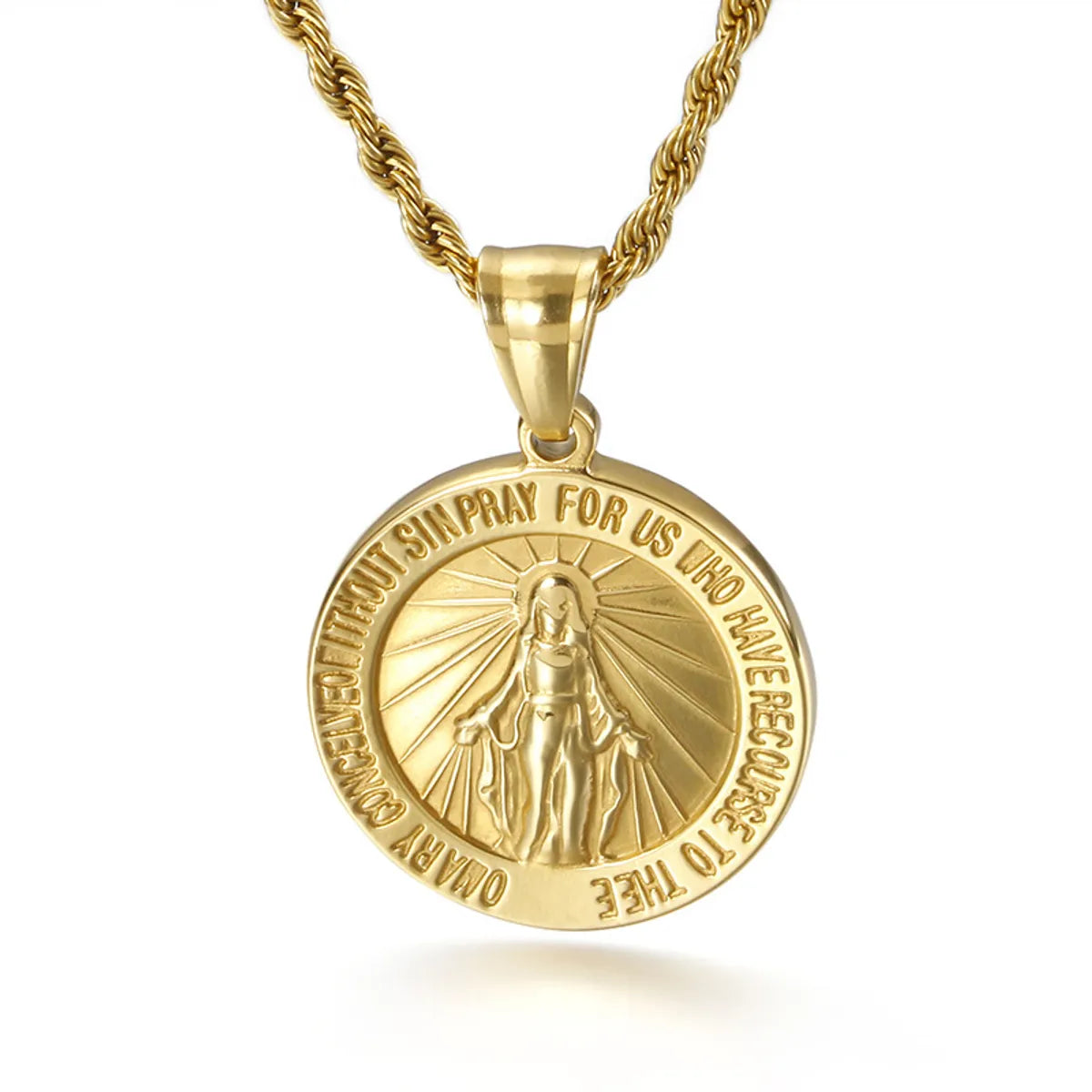 Hip-Hop Round Virgin Mary Stainless Steel Plating 18K Gold Plated Unisex Pendant Necklace