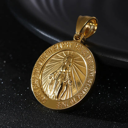 Hip-Hop Round Virgin Mary Stainless Steel Plating 18K Gold Plated Unisex Pendant Necklace