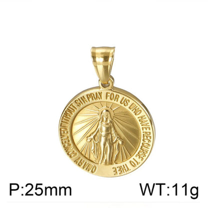 Hip-Hop Round Virgin Mary Stainless Steel Plating 18K Gold Plated Unisex Pendant Necklace