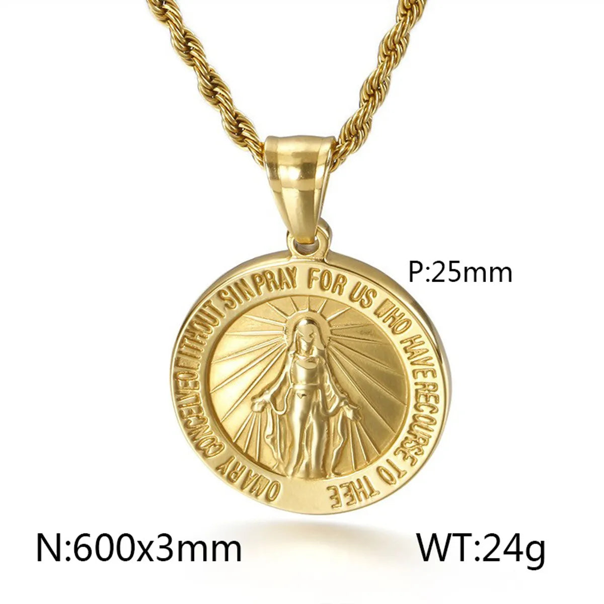 Hip-Hop Round Virgin Mary Stainless Steel Plating 18K Gold Plated Unisex Pendant Necklace