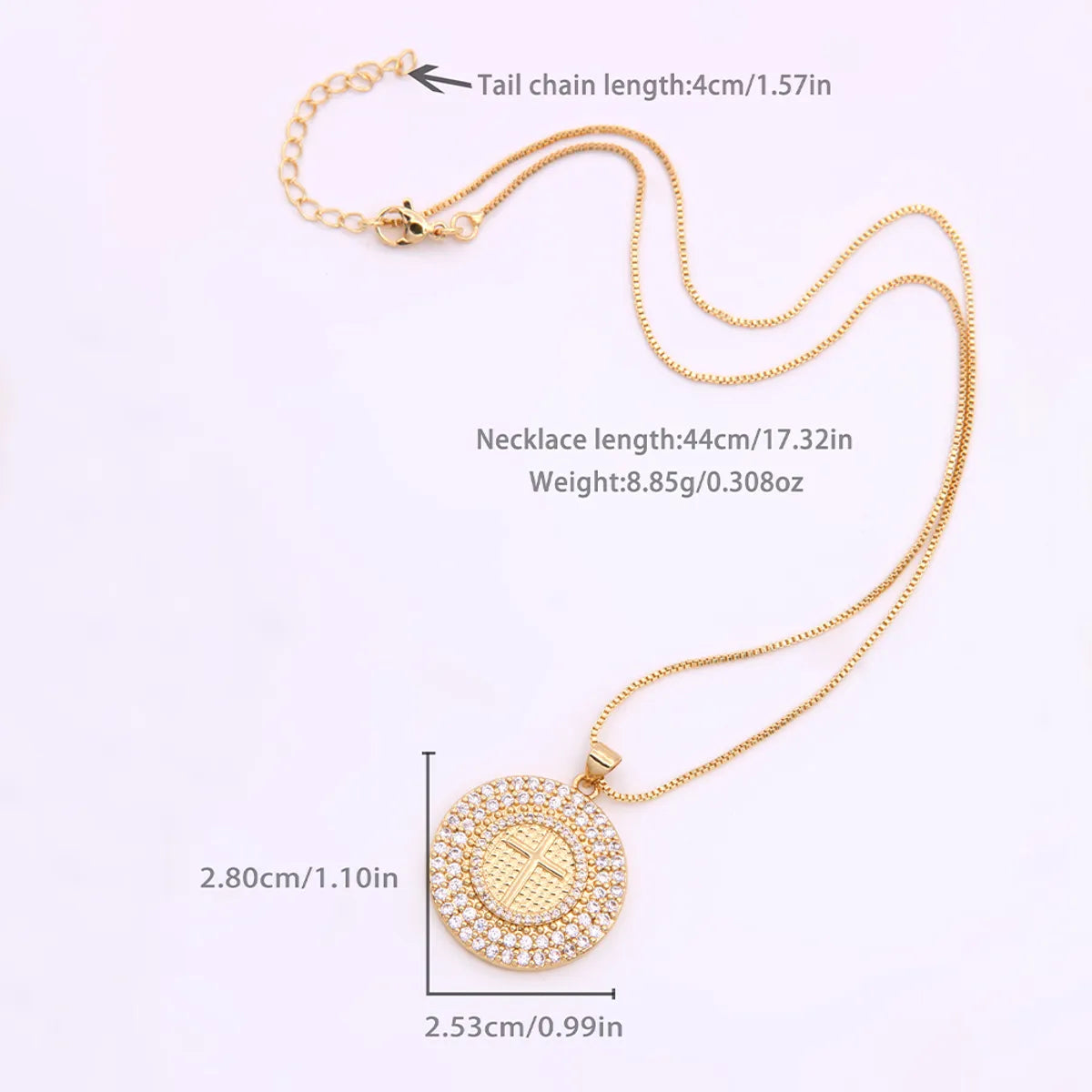 Hip-hop Shiny Cross Round Copper Polishing Plating Inlay Zircon 18k Gold Plated Unisex Pendant Necklace Sweater Chain Necklace