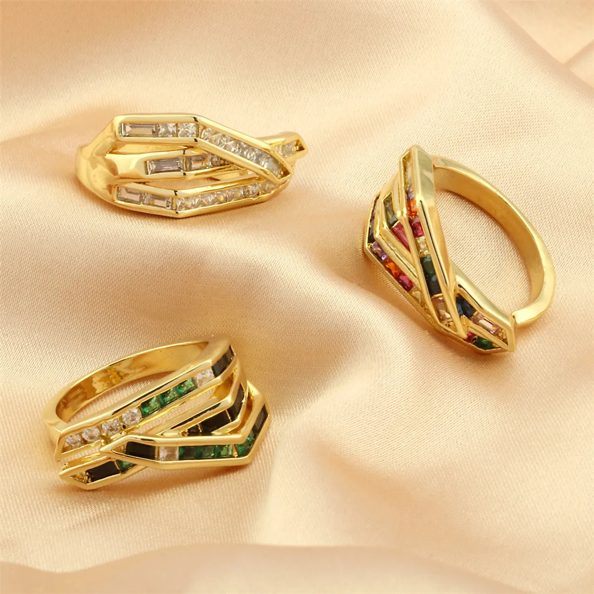 Hip-hop Simple Style Lines Copper Plating Inlay Zircon 18k Gold Plated Open Rings