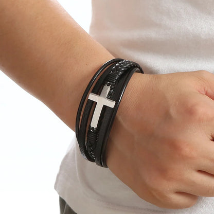 Hip-Hop Simple Style Roman Style Cross Stainless Steel Pu Leather Men'S Bracelets