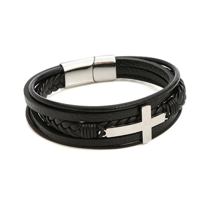 Hip-Hop Simple Style Roman Style Cross Stainless Steel Pu Leather Men'S Bracelets