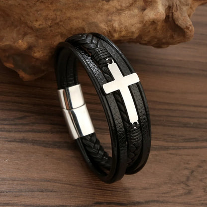 Hip-Hop Simple Style Roman Style Cross Stainless Steel Pu Leather Men'S Bracelets