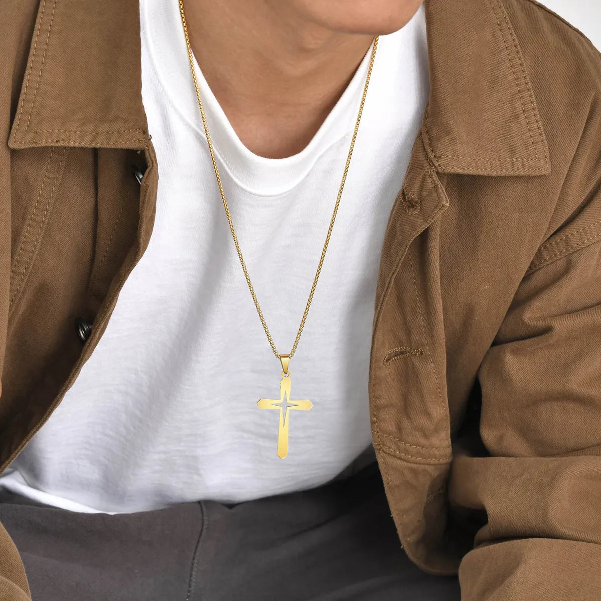 Hip-Hop Simple Style Streetwear Cross Stainless Steel Hollow Out 18K Gold Plated Men's Pendant Necklace