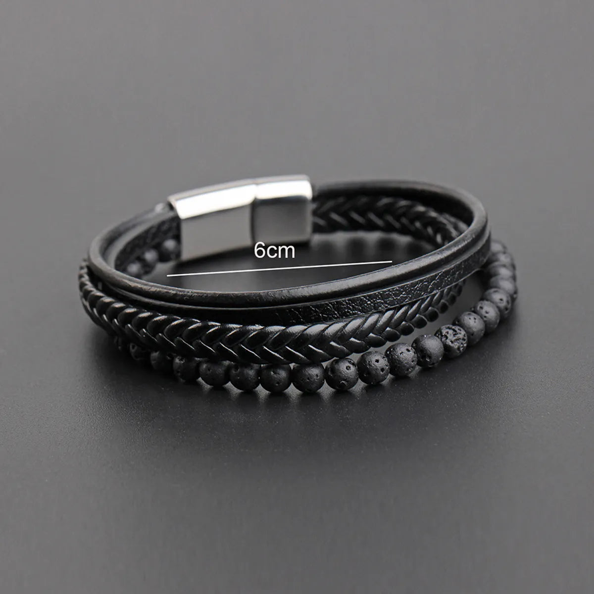 Hip-Hop Solid Color Stainless Steel Pu Leather Volcanic Rock Braid Men'S Bracelets