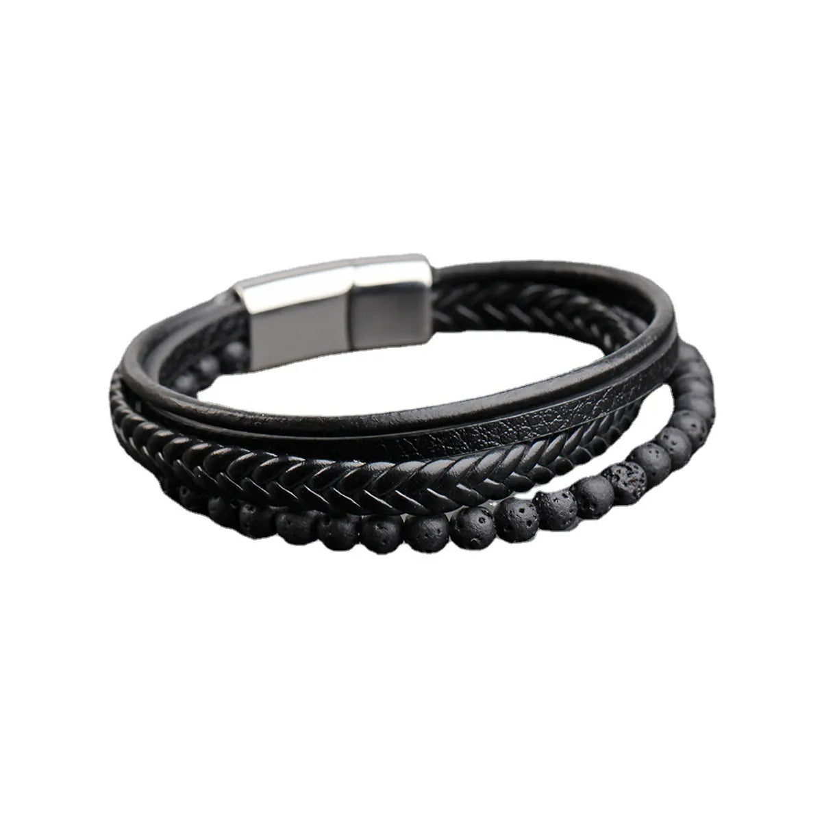 Hip-Hop Solid Color Stainless Steel Pu Leather Volcanic Rock Braid Men'S Bracelets