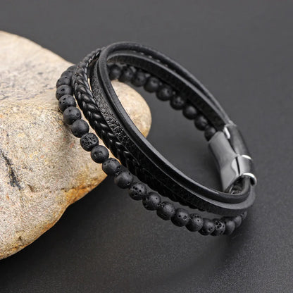 Hip-Hop Solid Color Stainless Steel Pu Leather Volcanic Rock Braid Men'S Bracelets