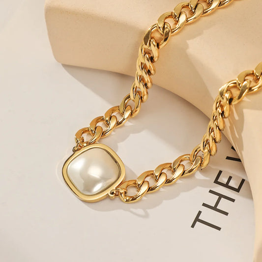 Hip-hop Square Stainless Steel Gold Plated Artificial Pearls Necklace