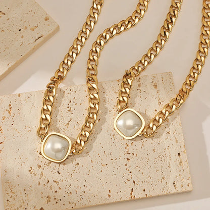 Hip-hop Square Stainless Steel Gold Plated Artificial Pearls Necklace