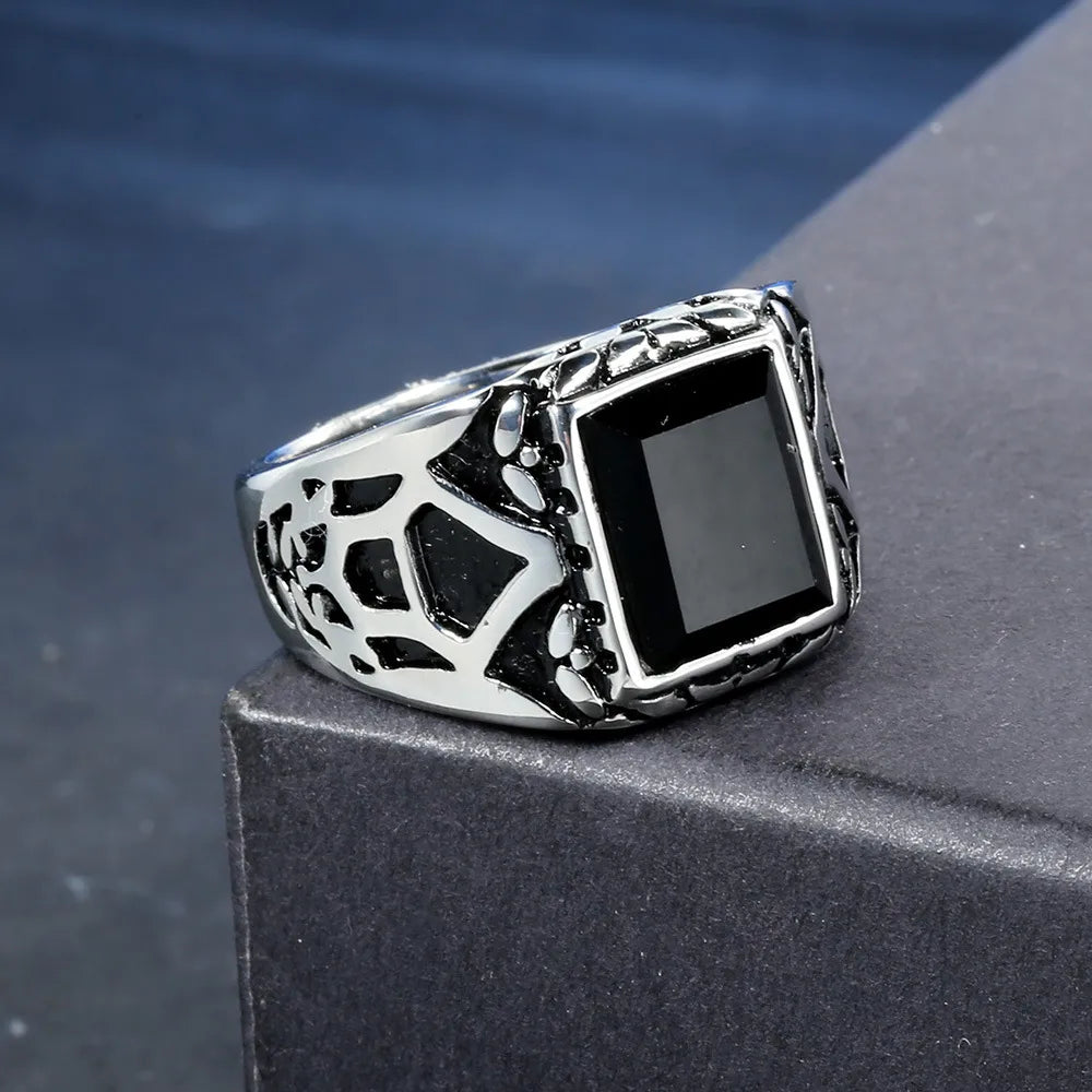 Hip-Hop Square Stainless Steel Polishing Inlay Artificial Gemstones None Unisex Rings