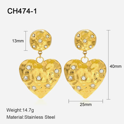 Hip-Hop Star Heart Shape Stainless Steel Inlay Rhinestones Drop Earrings 1 Pair