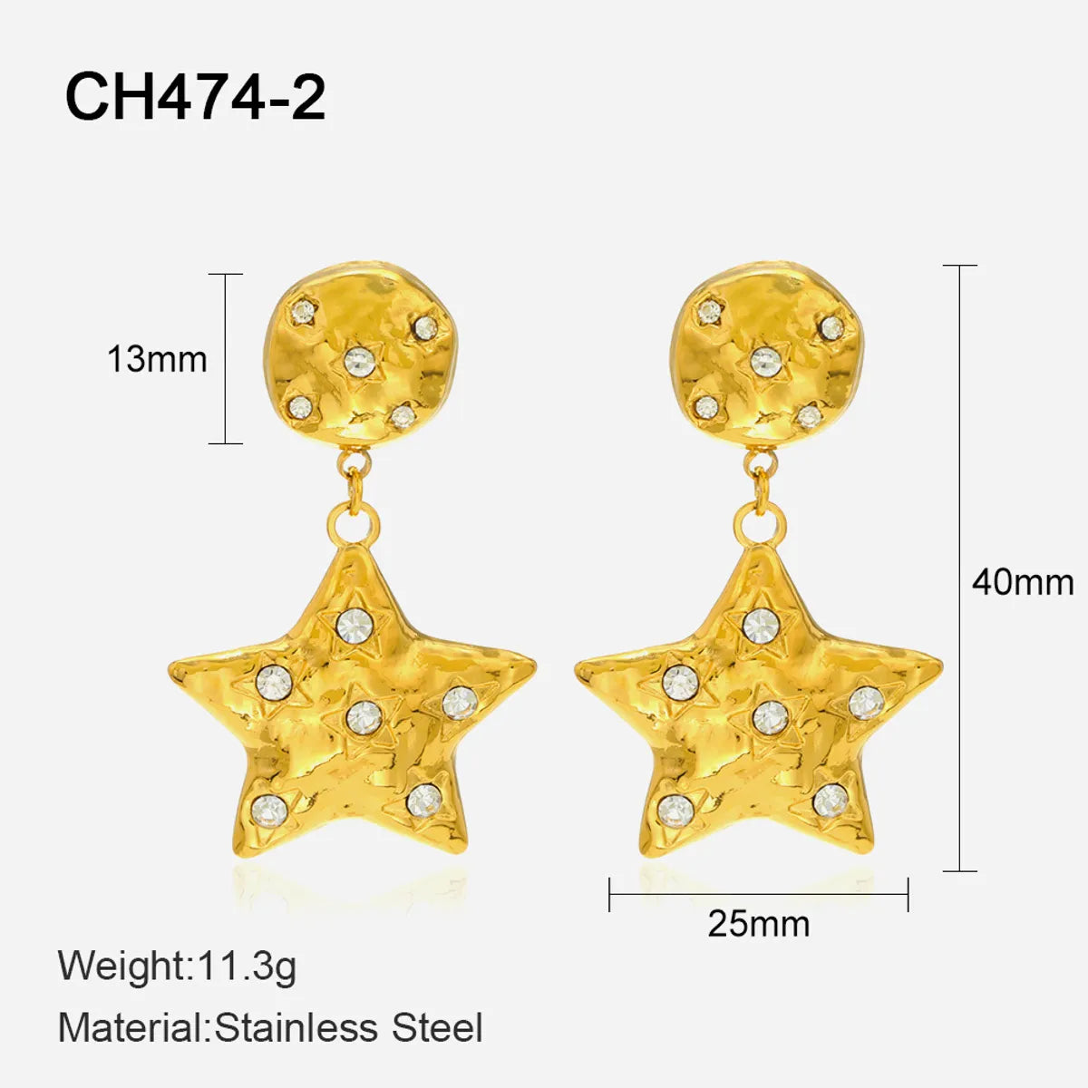 Hip-Hop Star Heart Shape Stainless Steel Inlay Rhinestones Drop Earrings 1 Pair