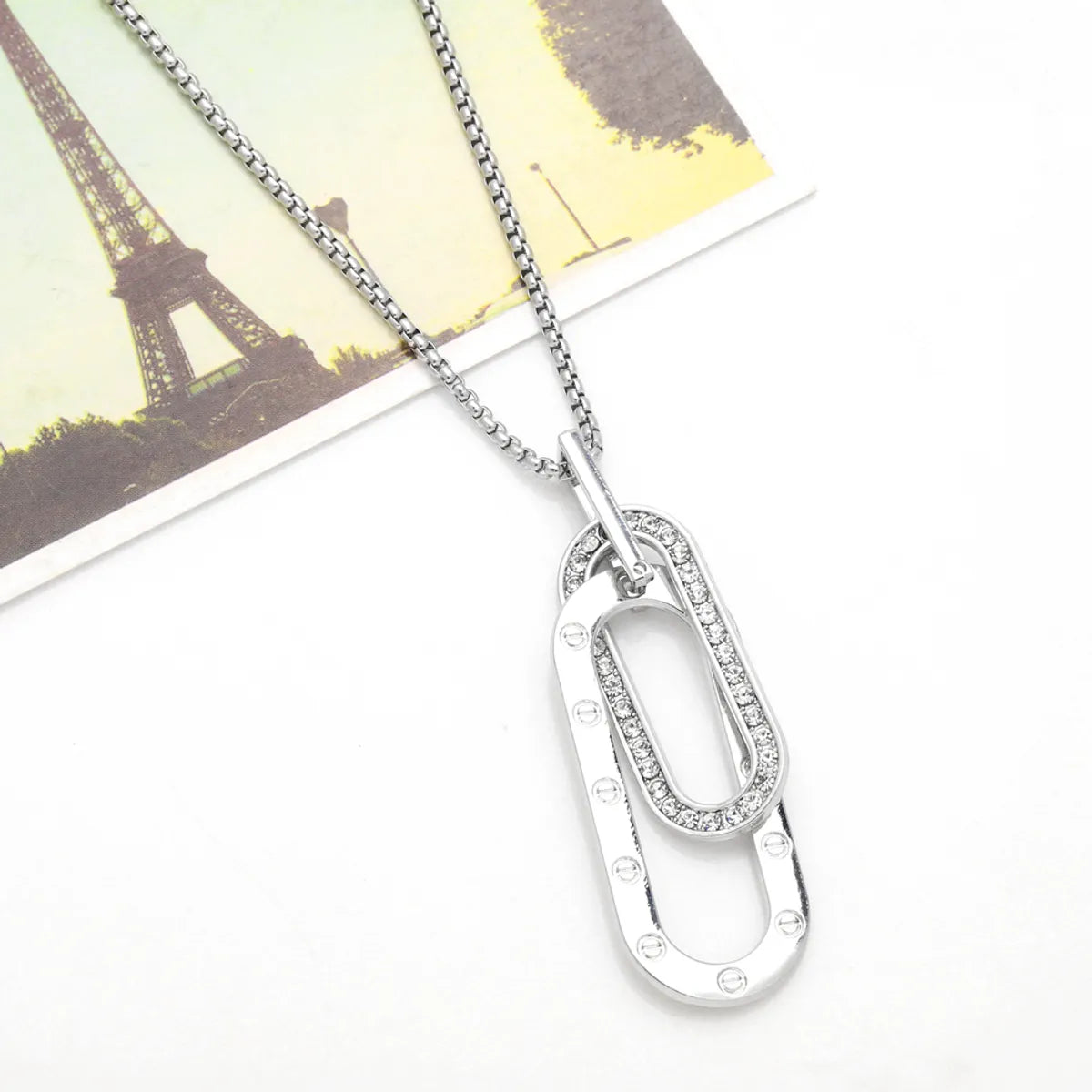 Hip-Hop Streetwear Double Ring Stainless Steel Alloy Plating Inlay Rhinestones Men'S Pendant Necklace Sweater Chain