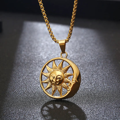 Hip-hop Sun Moon Titanium Steel Plating Hollow Out Pendant Necklace