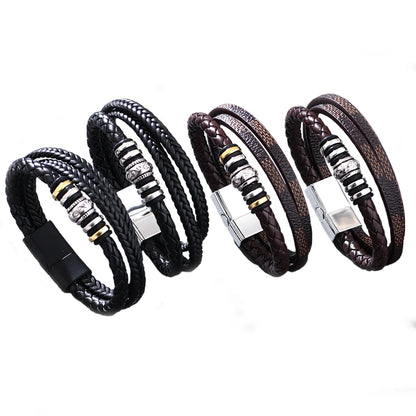 Hip-Hop Totem Symbol Pu Leather Alloy Knitting Men'S Wristband