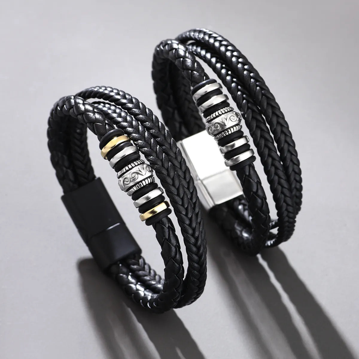 Hip-Hop Totem Symbol Pu Leather Alloy Knitting Men'S Wristband