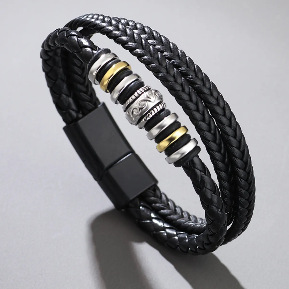 Hip-Hop Totem Symbol Pu Leather Alloy Knitting Men'S Wristband