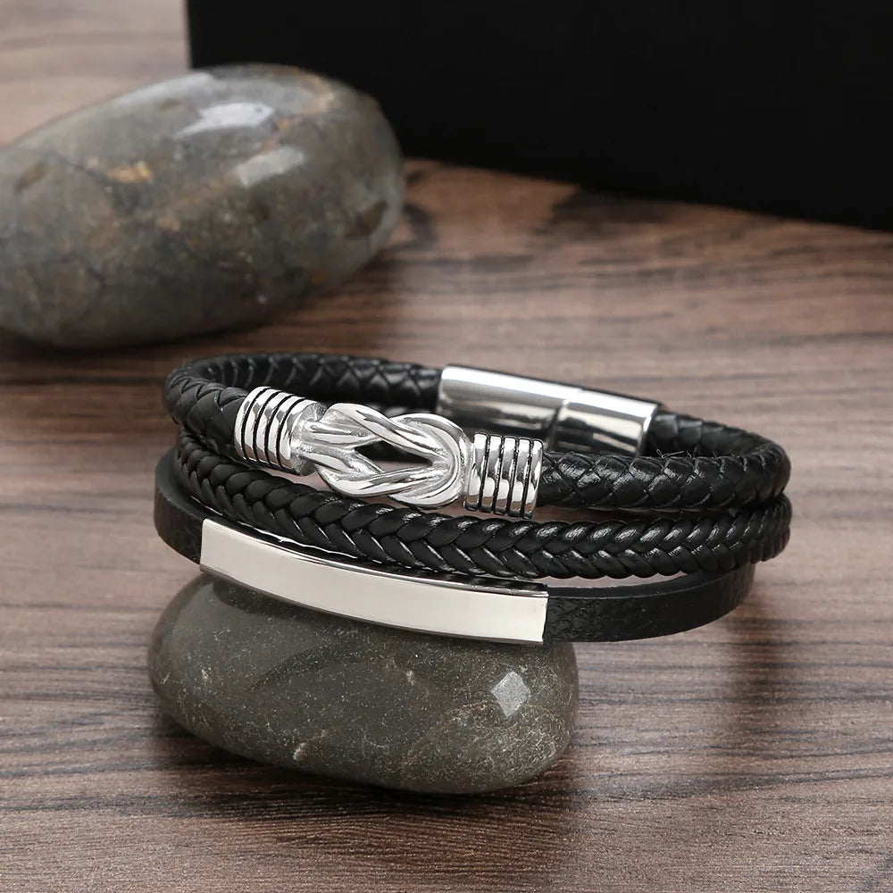 Hip-Hop Twist Stainless Steel Pu Leather Men'S Bangle