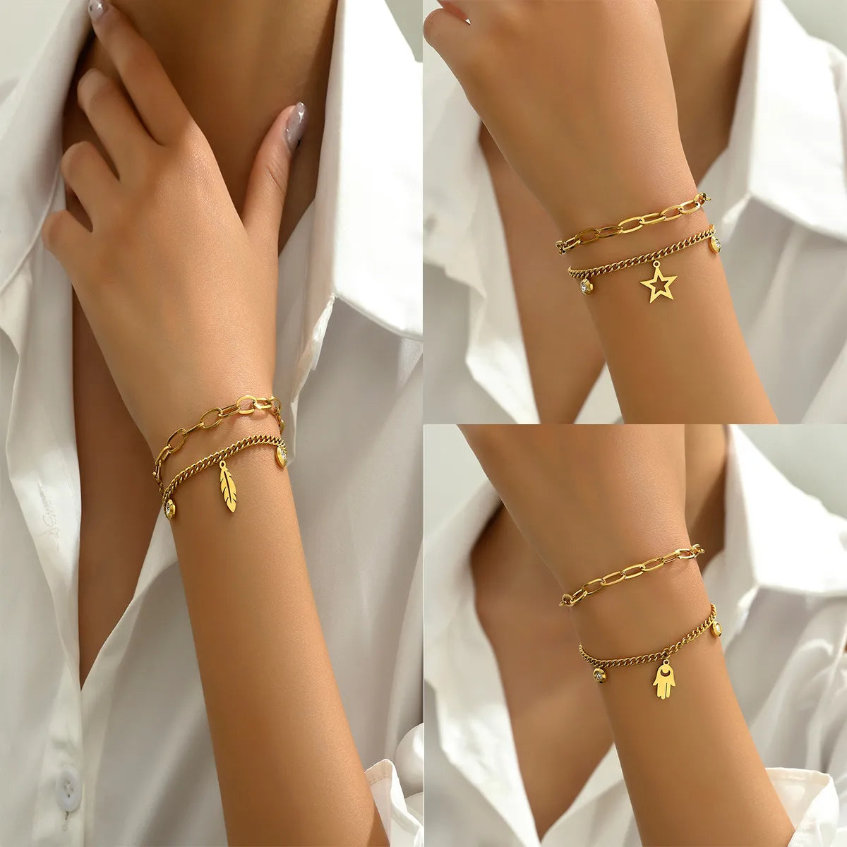 Hip-hop Vintage Style Classic Style Pentagram Palm Feather Stainless Steel Plating 18k Gold Plated Bracelets