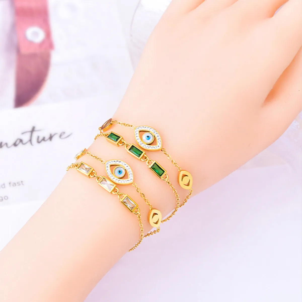 Hip-hop Vintage Style Eye Titanium Steel Plating Inlay Zircon 18k Gold Plated Bracelets