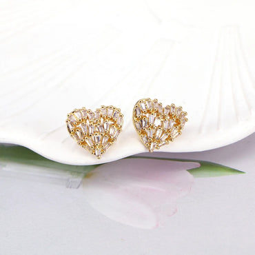 Hollow Heart-Shaped Micro-Set Zircon Simple Copper Stud Earrings Mother'S Day