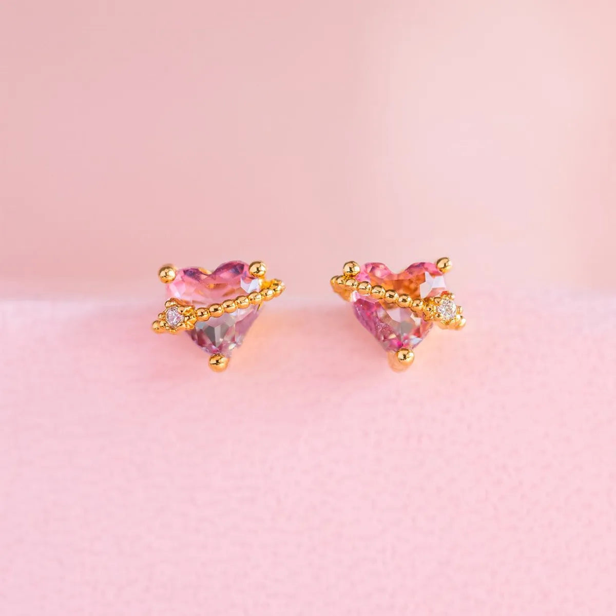 Hot Pink Peach Heart Stud Earrings Copper Plated 18k Real Gold Color Preserving Earrings