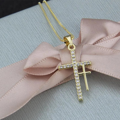 Hot Sale Double Cross Pendant Fashion New Copper Plated White Zircon Religious Necklace