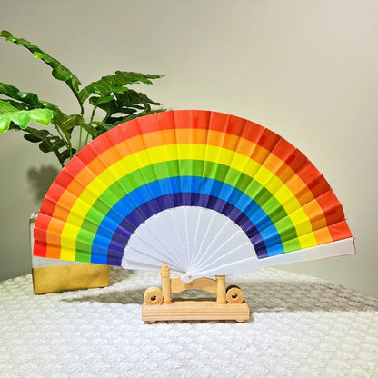 Hot Sale Rainbow Folding Fan Plastic Fan Frame Elegant Dance Fan Shooting Tool Craft Gift Fan Cloth Surface Fan